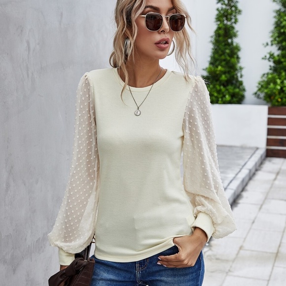 polka dot sheer balloon long sleeve top BLACK - Picture 11 of 13